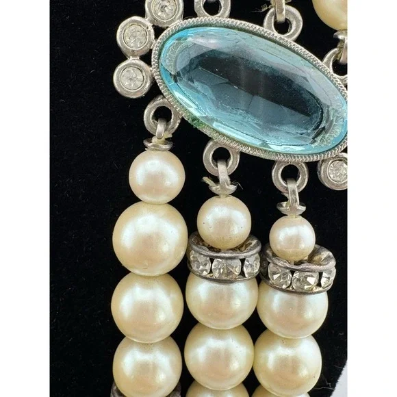 VTG 1928 Faux Pearl 3 Strand Choker Necklace Blue Clear Stones LRG Pendant - Picture 9 of 14